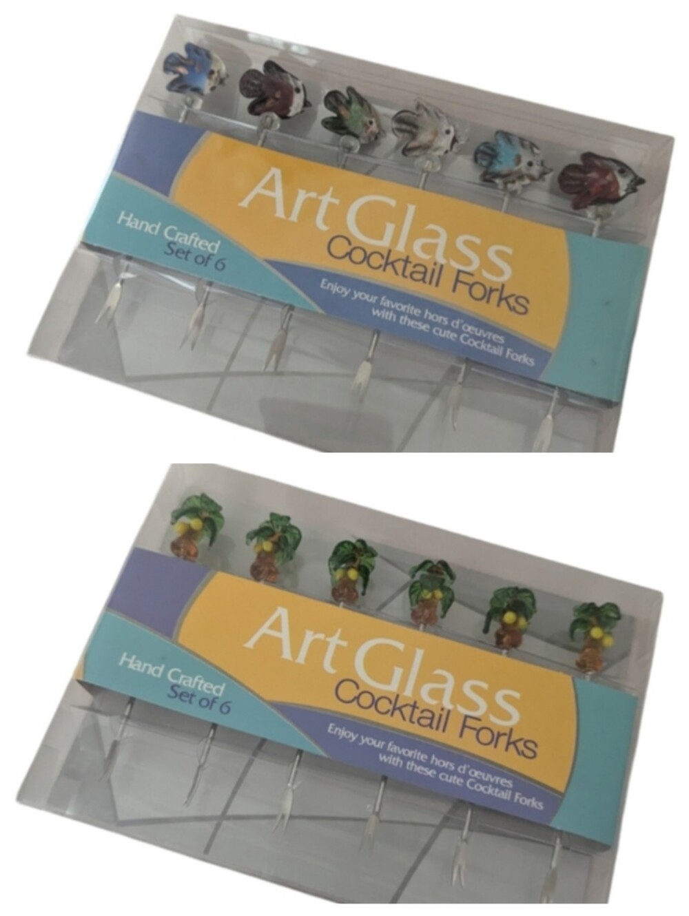 LSArts 2 Sets Of 6 Handcrafted Fish & Palm Tress Art Glass Cocktail Forks (12)